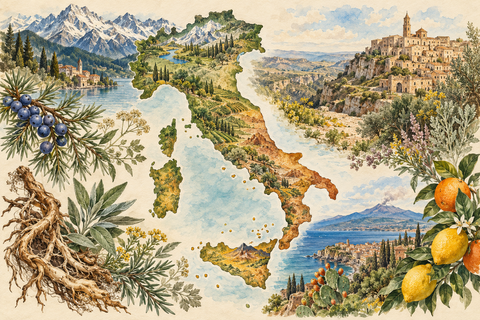 Watercolor illustration of Italy, Alpine mountains, southern hill towns, citrus, roots, and herbs.