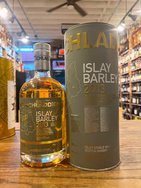 Bruichladdich Islay Barley 2013 short fat bottle with light green label with silver top