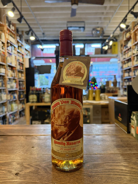 Tall clear bottle with red cap and happy older gentleman smoking a cigar on the label.