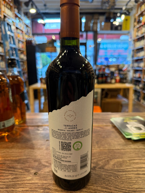 Terrazas De Los Andes Malbec 750mL Tall bottle with foil on top.