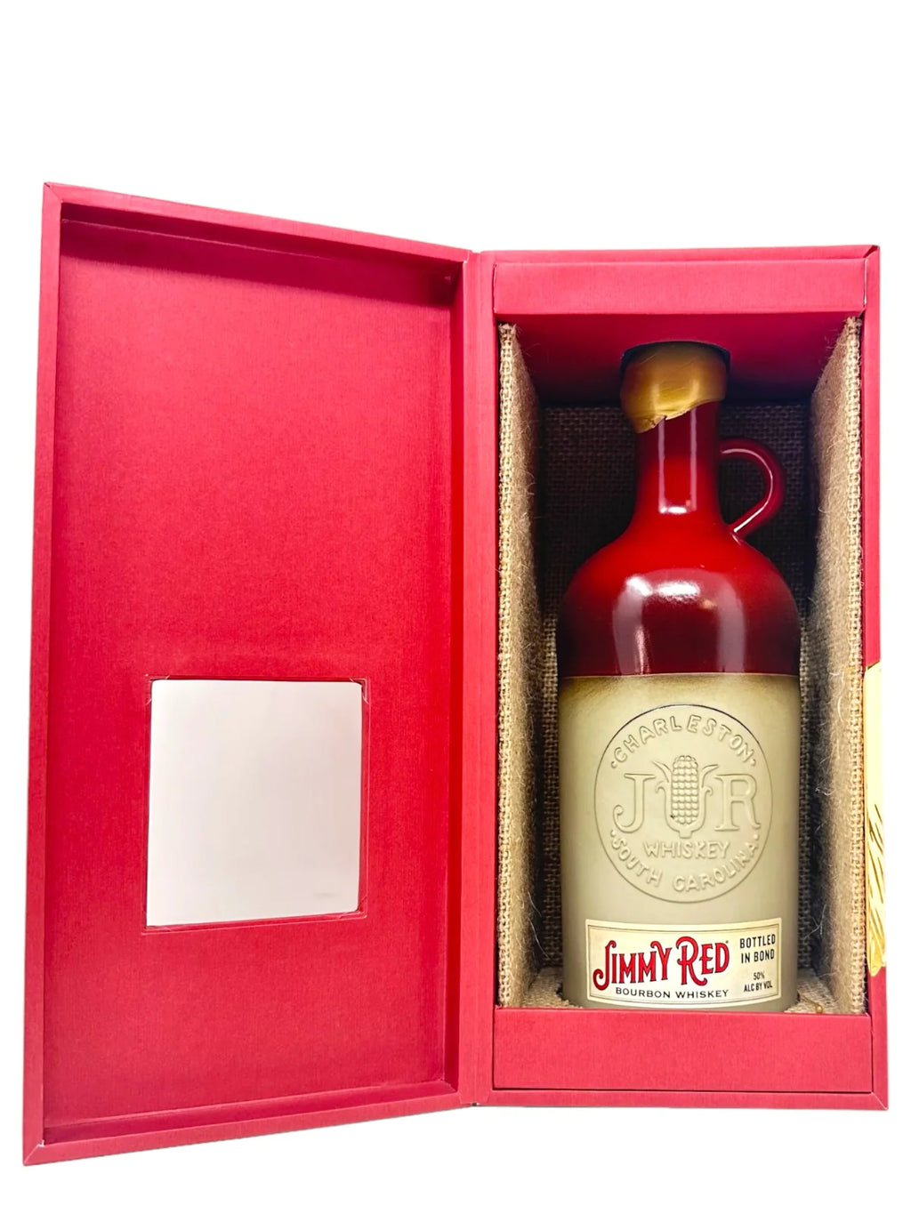 Jimmy Red Bonded Bourbon 10Yr Anniversary 750mL an open red box with a ceramic red and beige bottle with a golden wax top 