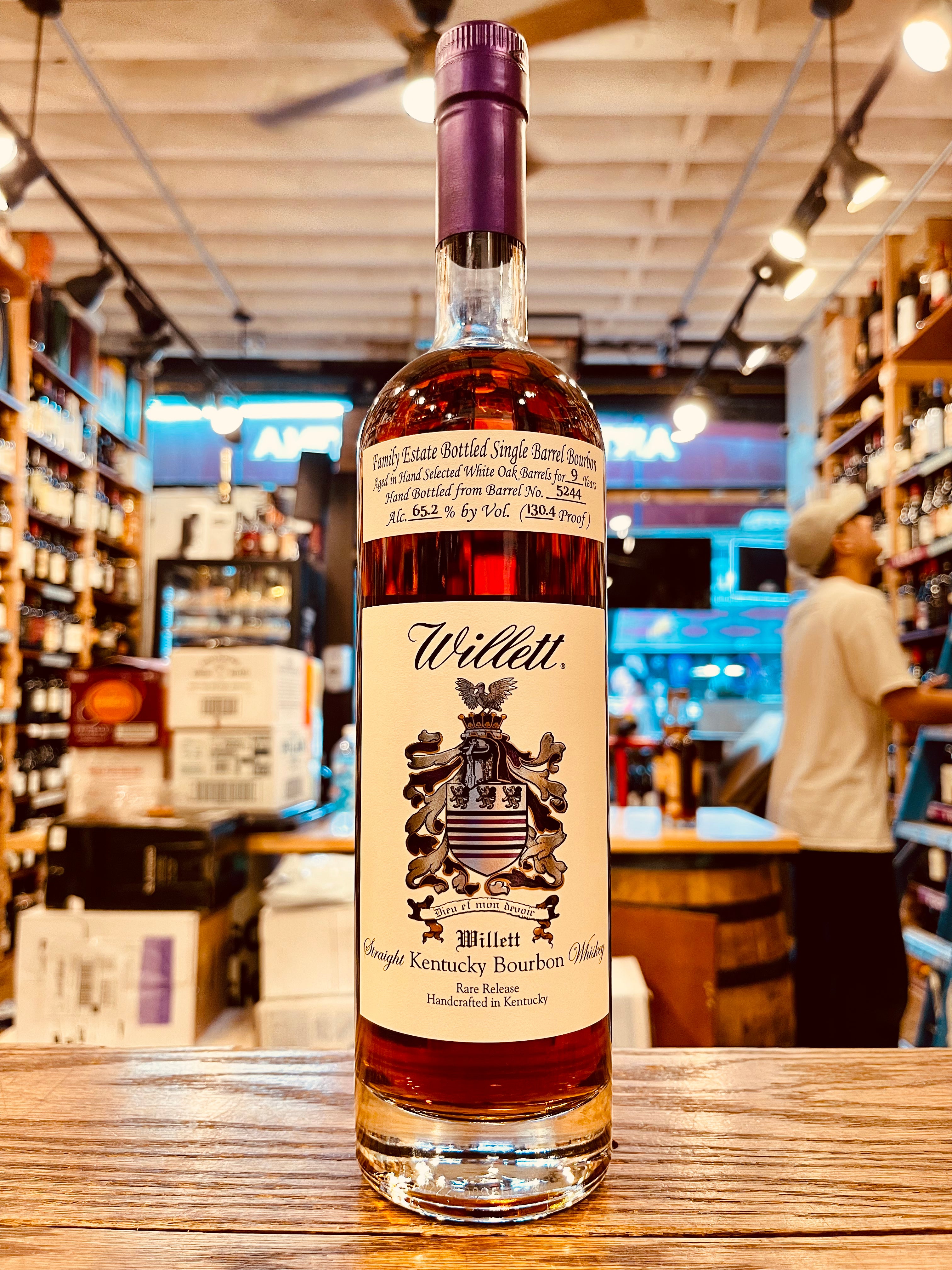 Willett Straight Kentucky Bourbon Rare Release 9Yr 750mL a tall slender clear glass bottle with a beige label and a purple top