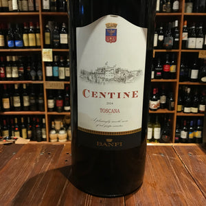Centine Rosso 5L a giant sized dark wine bottle with a white label with an image of a castle on it