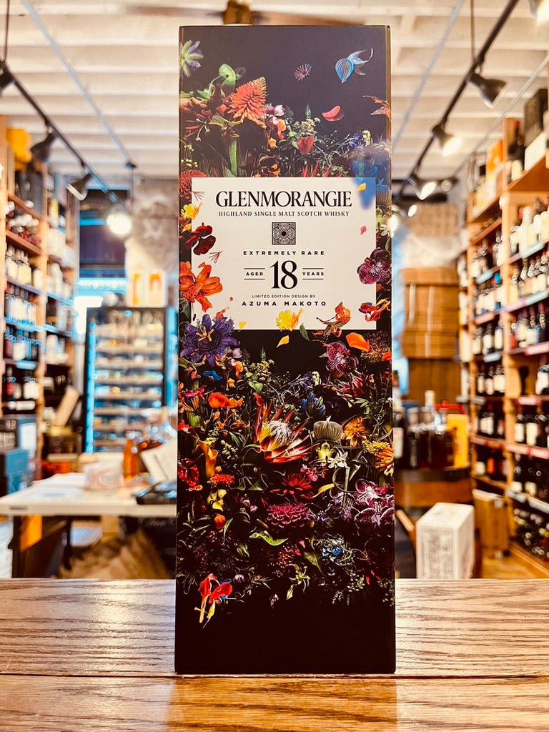 Glenmorangie 18 Years Old Azuma Makoto 750mL Gift Set a tall black box with a white label and colorful floral design