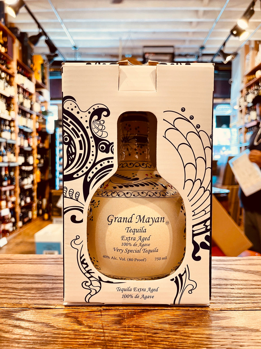 Grand Mayan Extra Aged Tequila 750mL a hand crafted ceramic round bottle inside a white box