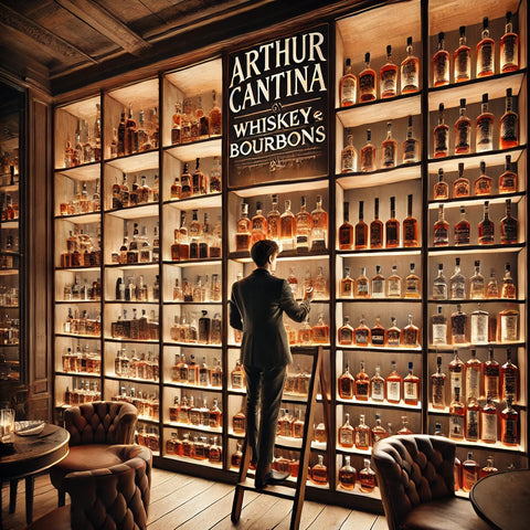 a wall of bourbon stared at my a man, trying to decided what he wants to drink. the words Arthur Cantina whiskey and bourbons are displayed above his head