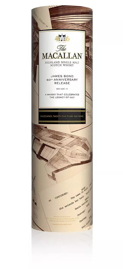 Macallan James Bond 60th Anniversary Release Decade IV 700ml a tall beige colored cylinder with some imagery of spy schematics on it