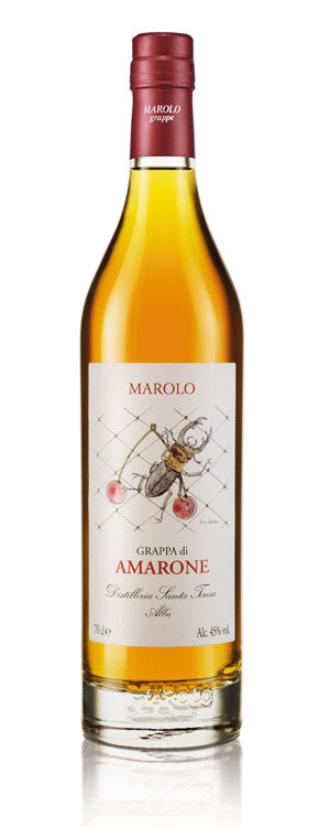 Marolo Grappa Amarone 750ml a tall clear glass bottle with a white label an image of an insect on it with a maroon top