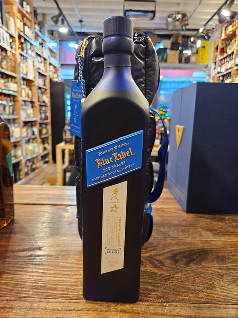 Johnnie Walker Blue Label Ice Chalet Limited Edition 750mL a frosted blue glass bottle with a blue label