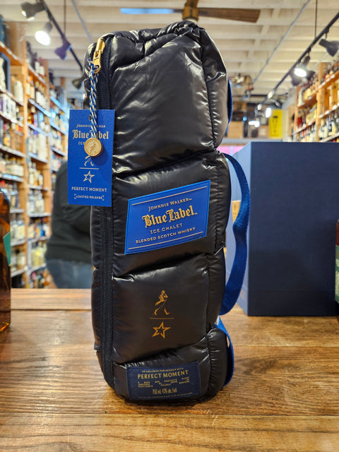 Johnnie Walker Blue Label Ice Chalet Limited Edition 750mL a blue puffy bag with a blue label on it