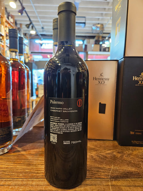 Palermo Cabernet Sauvignon 2022 750mL a dark glass wine bottle with a black label and black top.