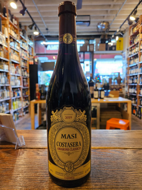 Masi Costasera Amarone 2019 750mL dark glass bottle with a yellow label and maroon top