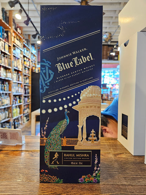 Johnnie Walker Blue Label bottle with Rani Mukerji's artwork in a store setting