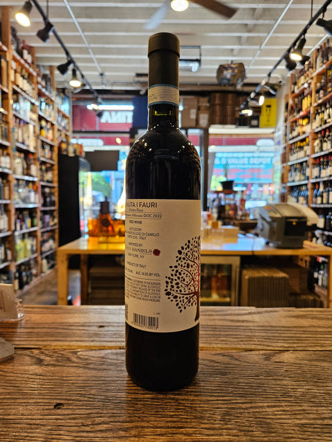 Wine bottle on a wooden surface with a blurred store interior in the background