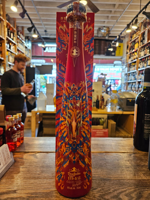 Decorative red and blue patterned box on a wooden surface with a blurred indoor background