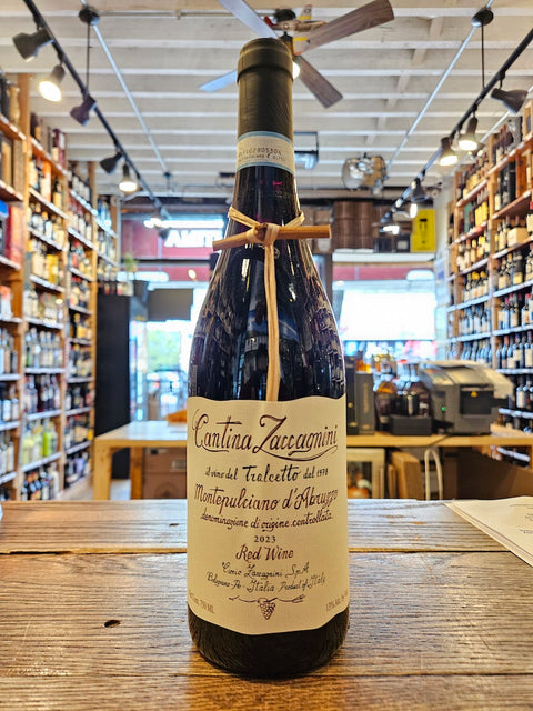 Wine bottle on a wooden table in a store setting