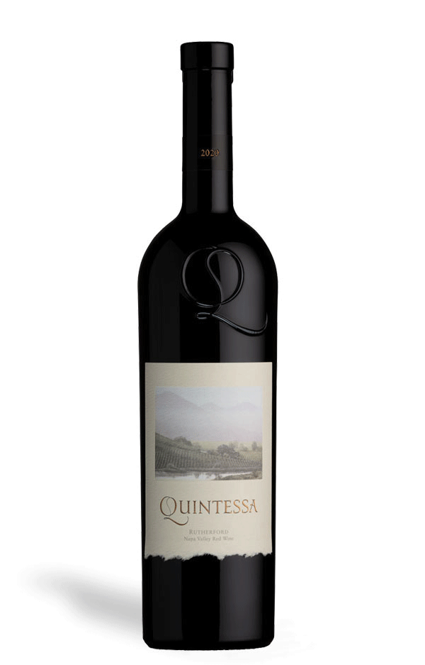 Quintessa Rutherford Napa 750mL a tall dark glass wine bottle with a large white label and black top with the letter Q engraved on the bottle