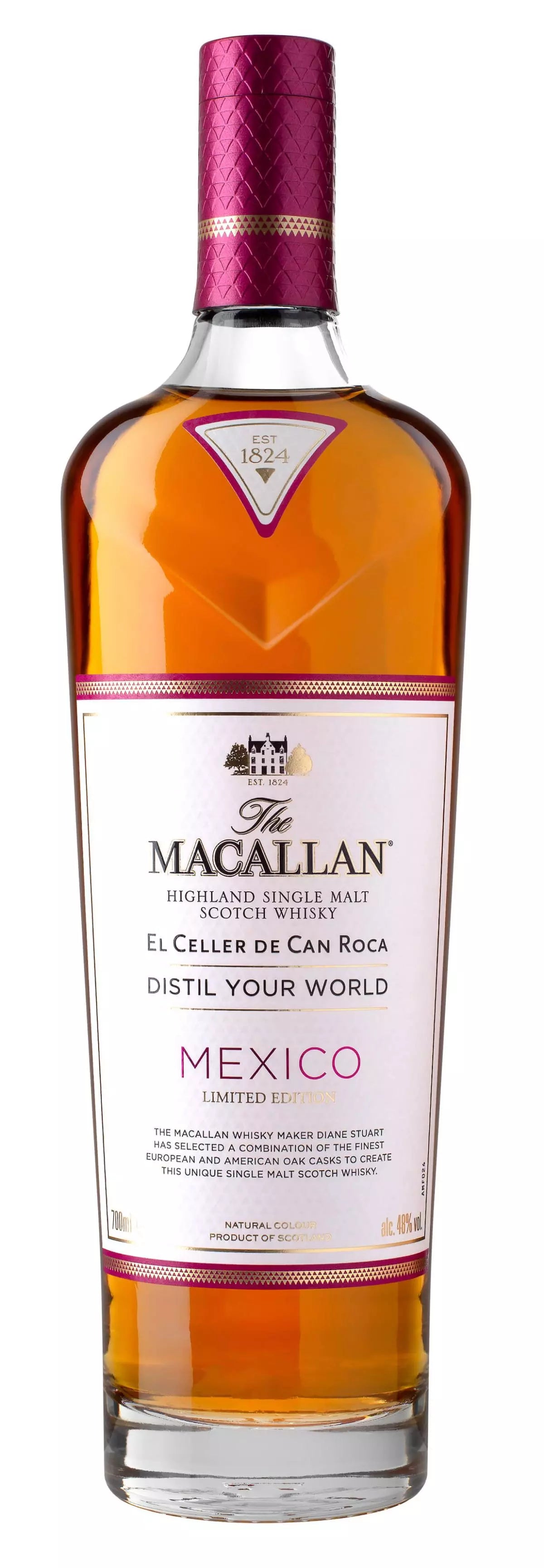 Macallan Mexico Limited Edition El Celler De Can Roca Distil Your World 700mL a tall clear glass bottle with a white label and purple top