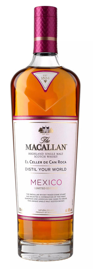 Macallan Mexico Limited Edition El Celler De Can Roca Distil Your World 700mL a tall clear glass bottle with a white label and purple top