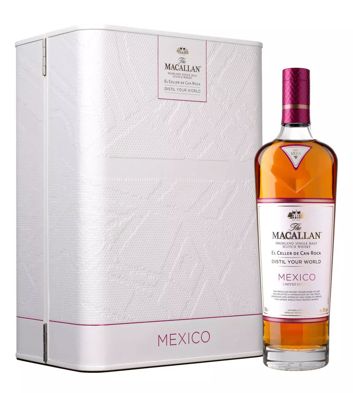 Macallan Mexico Limited Edition El Celler De Can Roca Distil Your World 700mL a closed white box next to a tall clear glass bottle with a white label and purple top