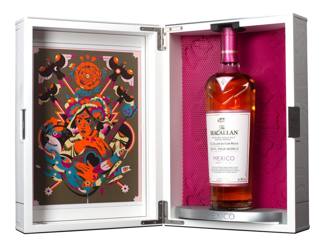 Macallan Mexico Limited Edition El Celler De Can Roca Distil Your World 700mL an open white box with a colorful image inside of a person holding a guitar with a clear glass bottle with a white label and purple top