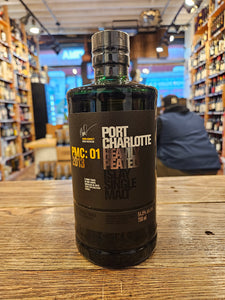 Bruichladdich PMC:01 Port Charlotte 2013 a dark square round bottle with a black label