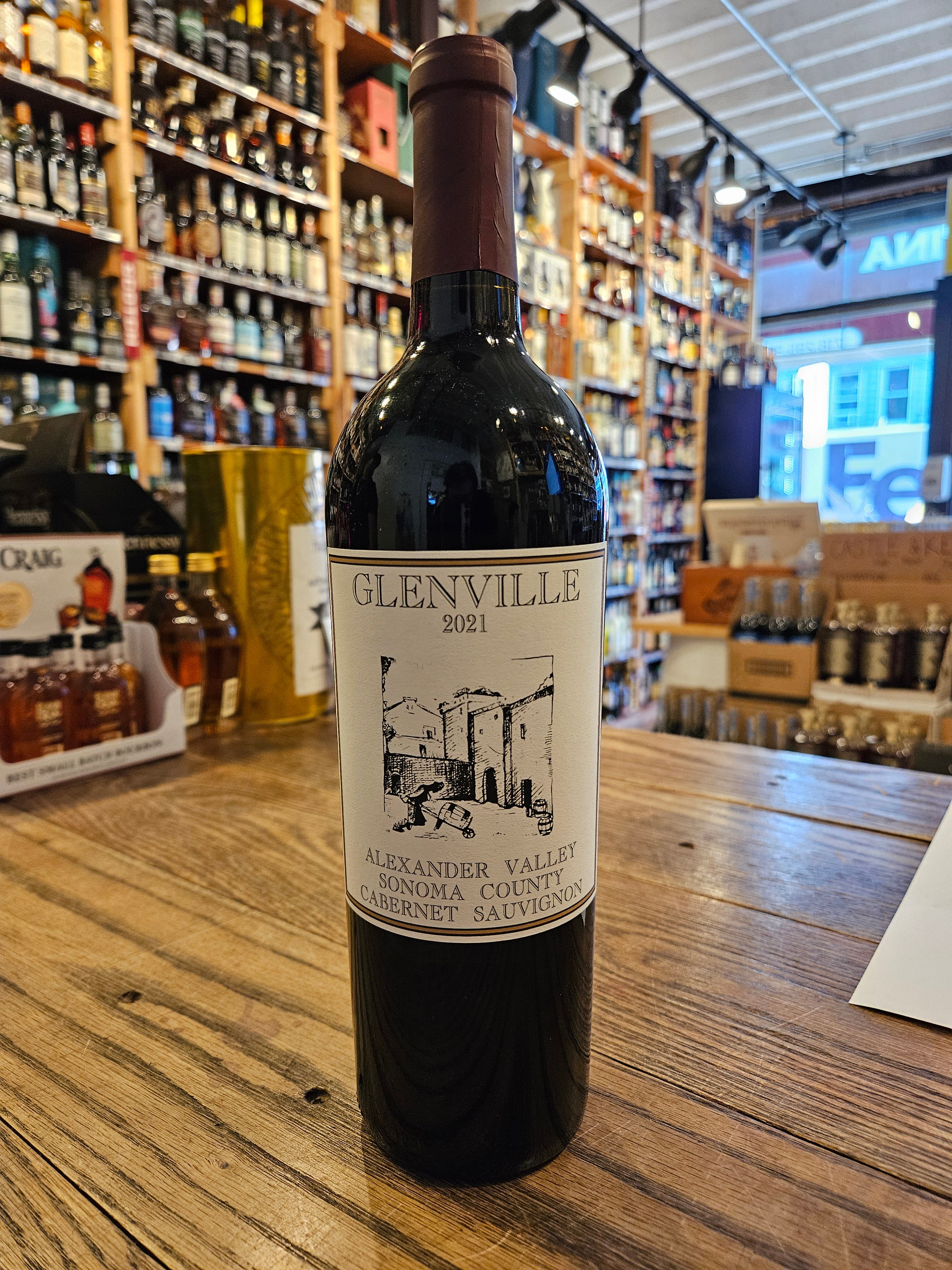 Glenville Alexander Valley Sonoma County Cabernet Sauvignon 750mL a tall dark wine bottle with a white label and maroon top