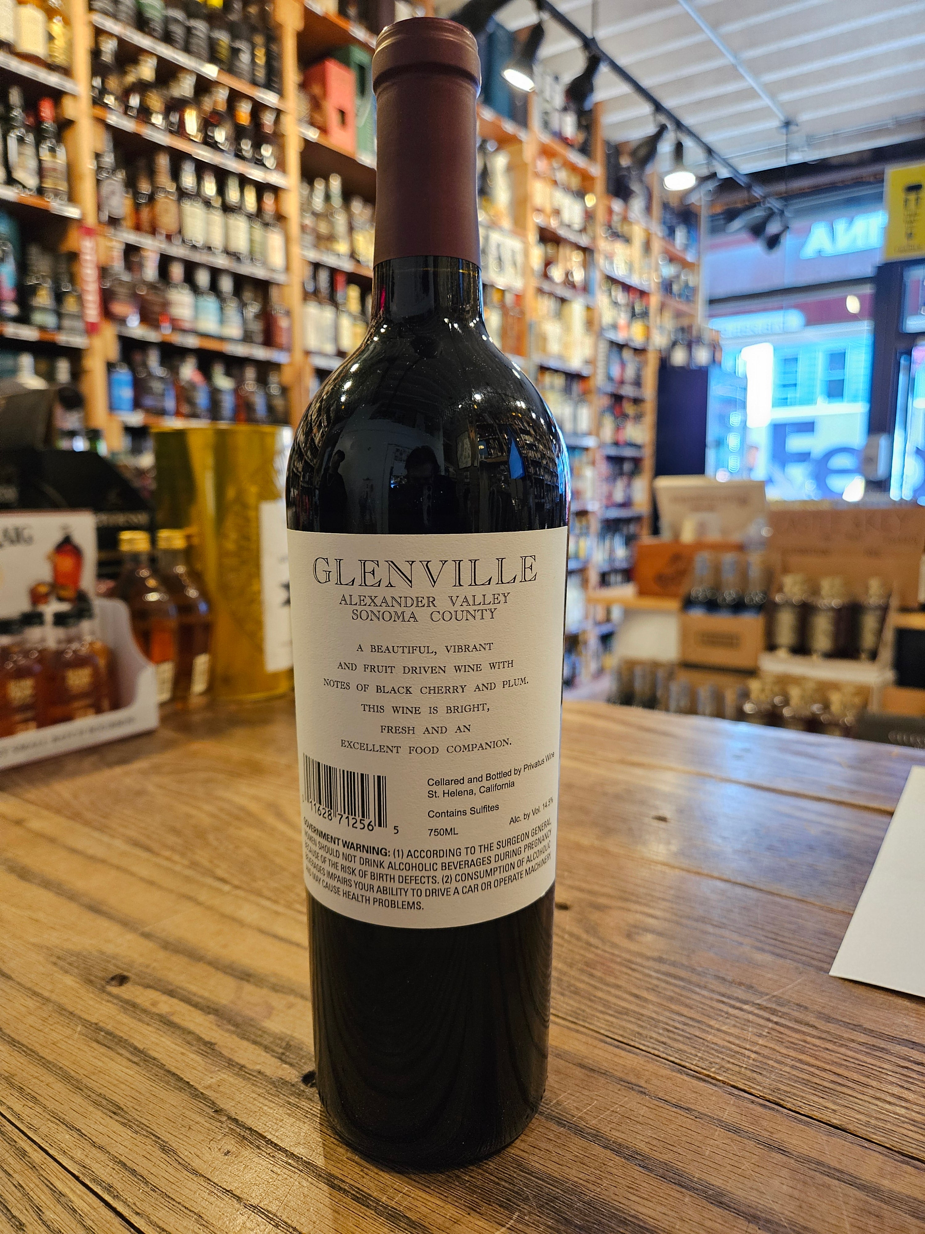 Glenville Alexander Valley Sonoma County Cabernet Sauvignon 750mL backside of a tall dark wine bottle with a white label maroon top 