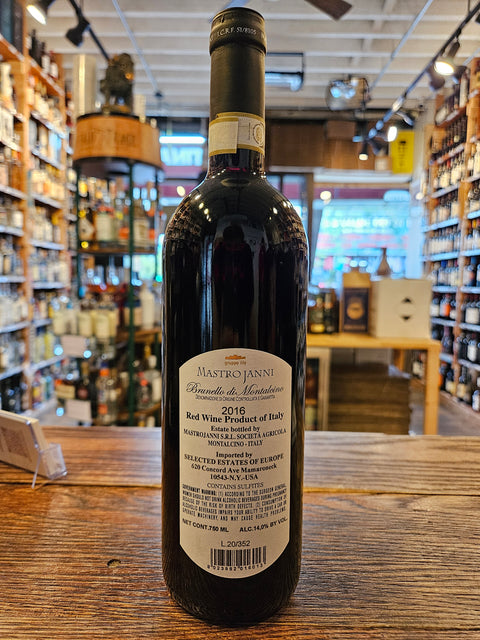 Mastrojanni Brunello di Montalcino 2016 750mL a dark glass bottle with a white label and black top