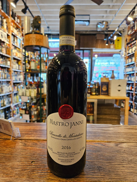 Mastrojanni Brunello di Montalcino 2016 750mL a dark glass wine bottle with a white label and black top