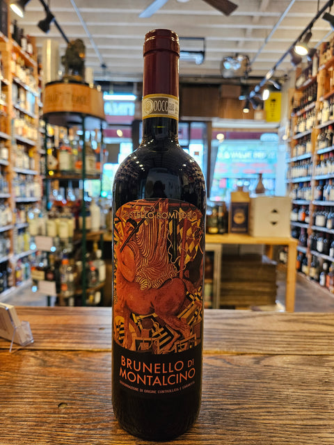 Castello Romitorio Brunello di Montalcino 2013 750mL dark glass wine bottle with a colorful label and maroon top