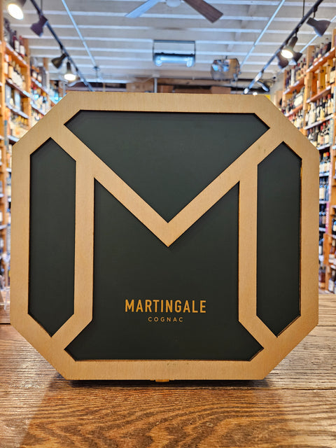 Martingale Cognac Gift Set 375mL a green and brown wooden octagon shaped box with gold lettering on the front.