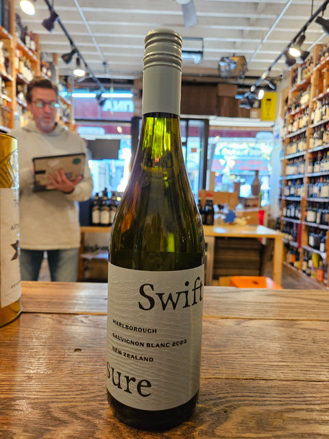 Swiftsure Sauvignon Blanc 750mL a glass wine bottle with a light blue label and light blue top