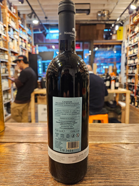 Masseria Frattasi Caudium Aglianico Beneventano 750mL a dark glass bottle with a large blue label and black top