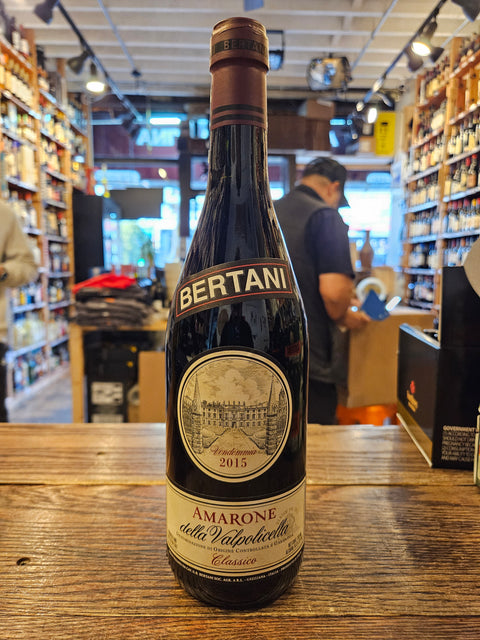 Bertani Amarone della Valpolicella Classico 2015 750mL a dark glass wine bottle with a beige label 