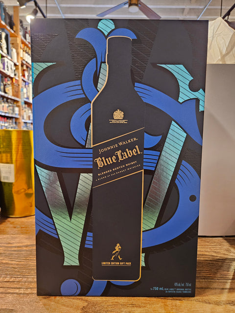 Johnnie Walker Blue Label Gift Set Scotch Whisky 750mL a large rectangular blue box with the silhouette of a bottle on the front  