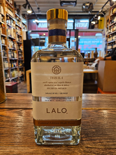 Lalo Tequila High Proof 750mL a squared clear glass bottle with a white label and a golden top