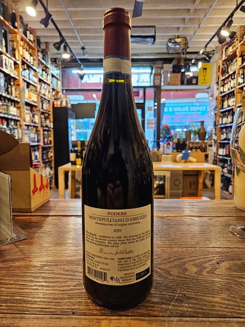 Umani Ronchi Podere Montepulciano d'Abruzzo 750mL a dark glass wine bottle with a white label and maroon top