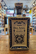 Dos Artes Tequila Blanco 1L a square ceramic white hand crafted bottle with blue paint 