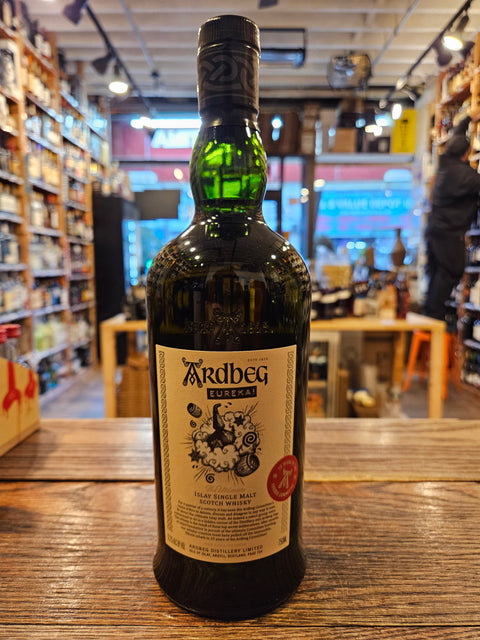 Ardbeg Eureka Islay Single Malt Scotch Whisky 750mL a dark glass bottle with a white label and black top