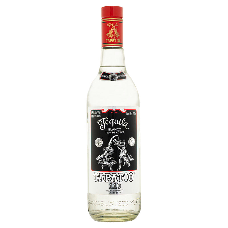 Tapatio Blanco 110º Black Label 750mL a tall clear glass bottle with a black label and a red top