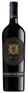 Serpara Aglianico del Vulture Superiore 750mL a tall dark glass wine bottle with a black and gold label and black top
