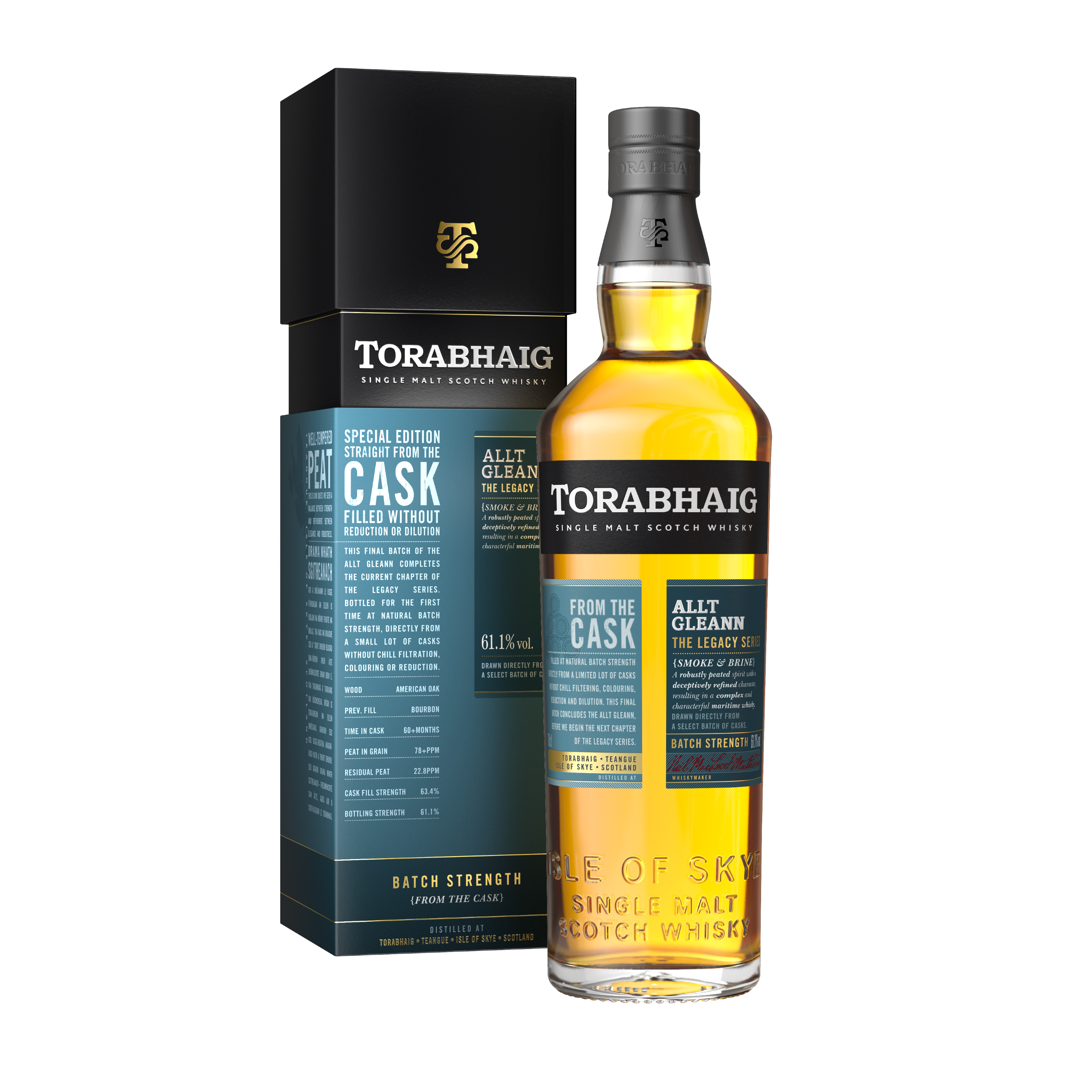 Torabhaig Allt Gleann Legacy 2 Batch Strength 750mL a tall squared box blue and black in color next to a tall clear glass bottle with a black and blue label and silver top