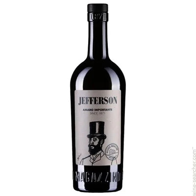 Jefferson Amaro Importante Magazzino 700mL a high rounded shouldered dark bottle with a silver label with a man in a top hat on the label with a black top
