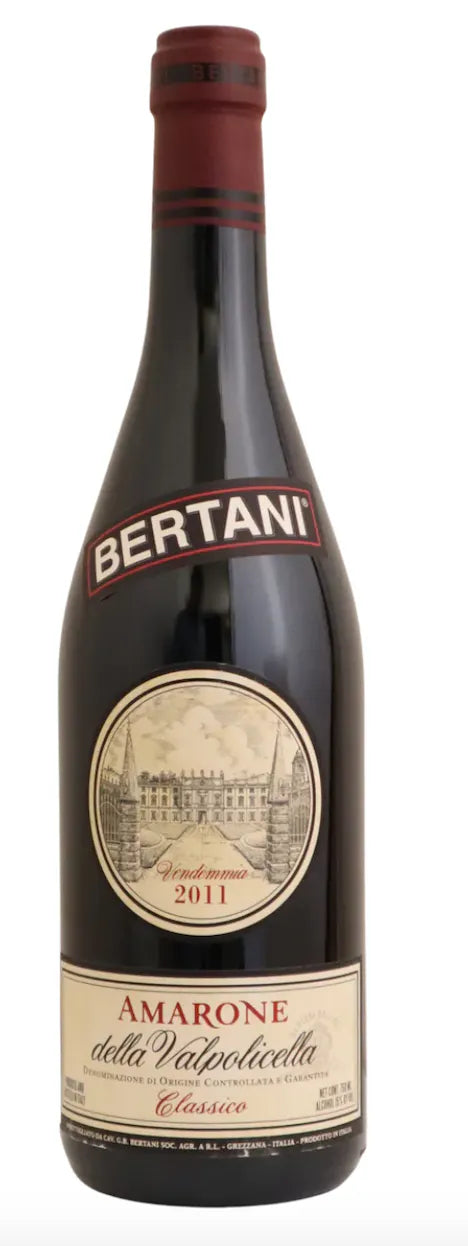 Bertani Amarone della Valpolicella Classico 2011 750mL dark glass wine bottle with a beige label and a maroon top