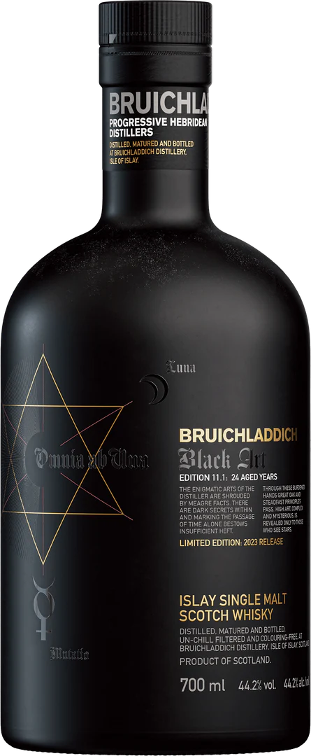 Bruichladdich Black Art 11.1 750mL a black rounded stubby bottle