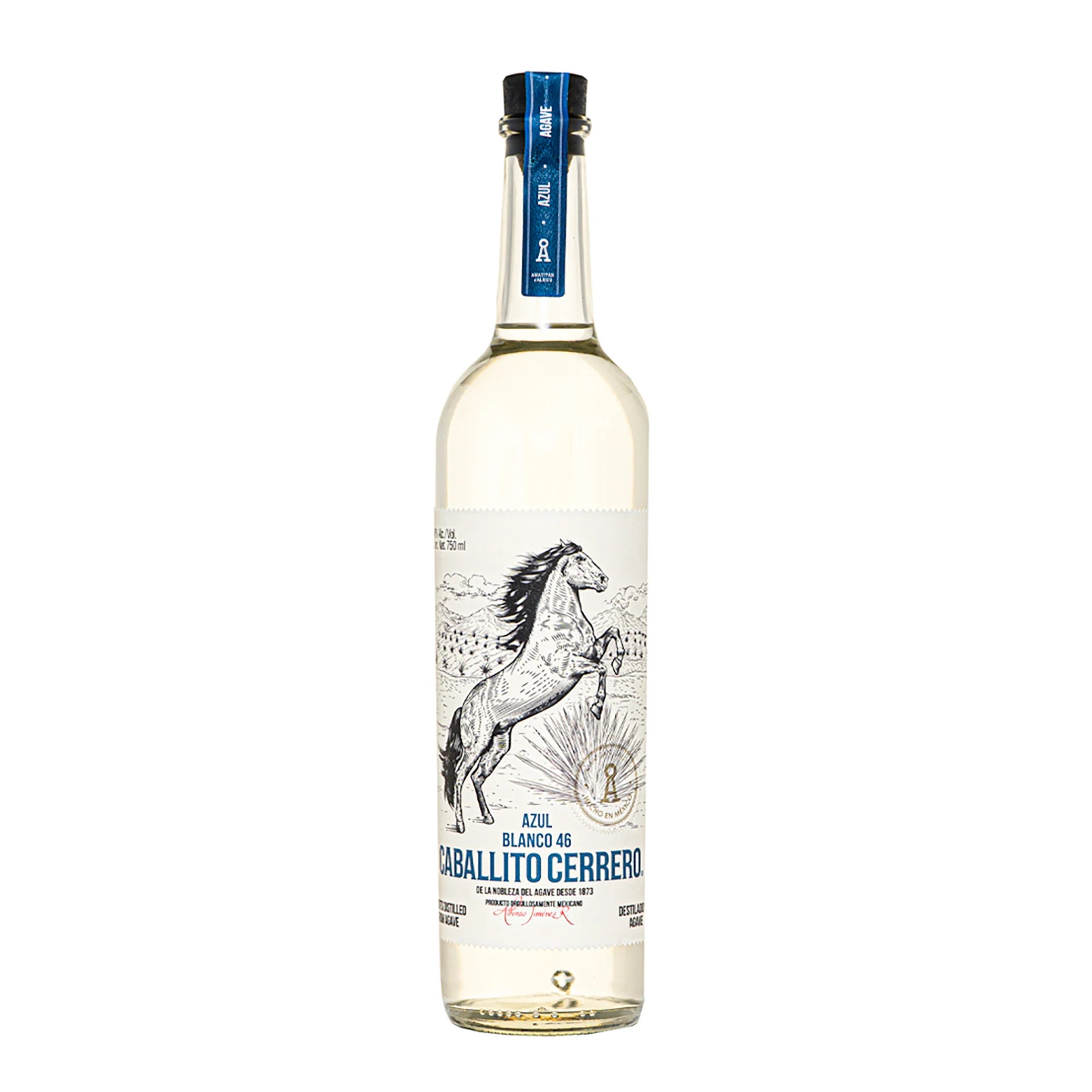 Caballito Cerrero Blanco Agave Azul 46 750mL a tall slender clear glass bottle with a white label of a prancing horse on it and a black top with a blue necker