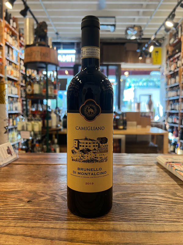 Camigliano Brunello di Montalcino 2019 750mL dark glass wine bottle with a yellow label and black top