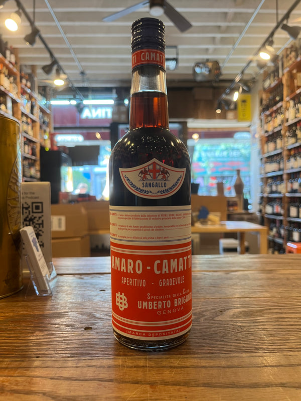 Amaro Camatti tall slender bottle with orange label with white text that says aperitivo gradevole