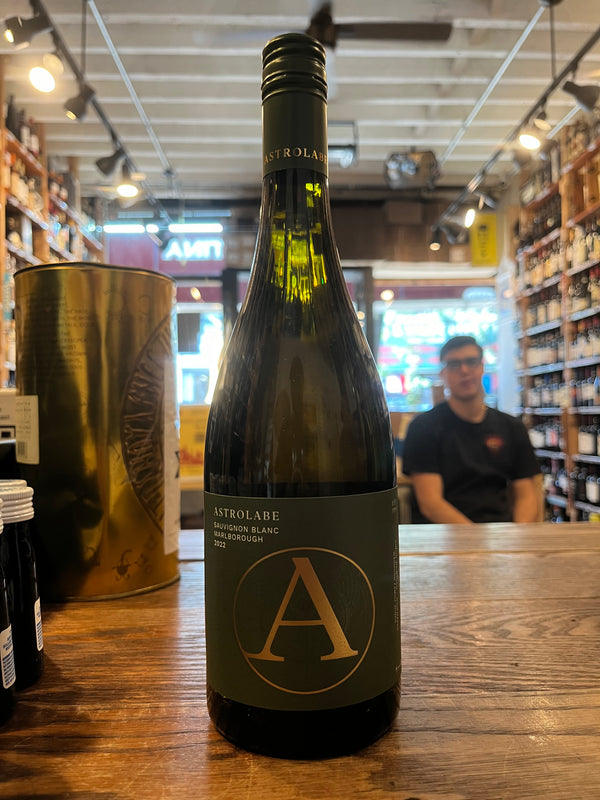 Astrolabe Sauvignon Blanc Wide bottle with low shoulders, green top and green label with large gold A 